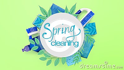 Spring Cleaning Illustration Over Different Clean Tools On Green Background Stock Photo