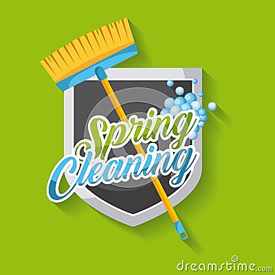 Spring cleaning poster with broom shield emblem clean bubbles Vector Illustration