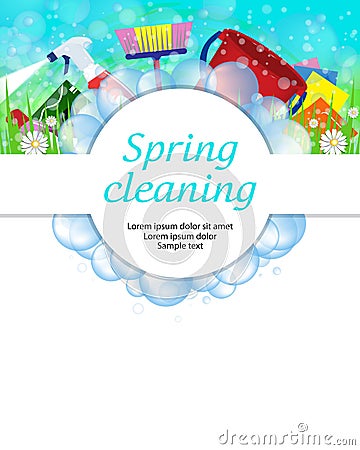 Spring cleaning service concept. Tools for cleanliness and disinfection. Soap bubbles frame. Vector Vector Illustration