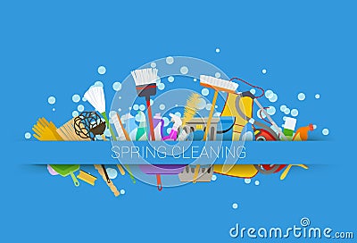 Spring cleaning supplies blue background. tools of housecleaning Vector Illustration