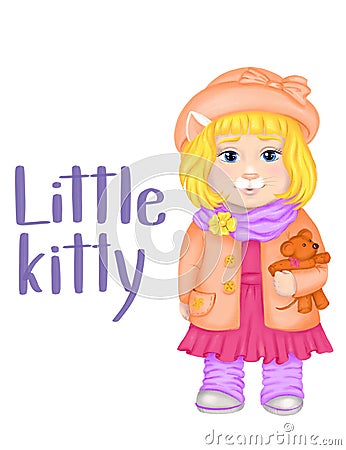 Spring clip art cartoon kitten girl in spring clothes in hat for nursery design, fashion print, kids clothes shop visit card or Stock Photo