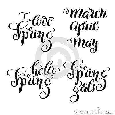 Spring clip art - textured hand drawn lettering I love Spring , Hello Spring , Spring girls and March, April, May for designing Stock Photo