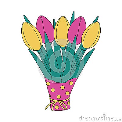 Spring colorful bouquet of tulips in wrapping paper in trendy bright shades. Sticker. Icon. isolate Vector Illustration