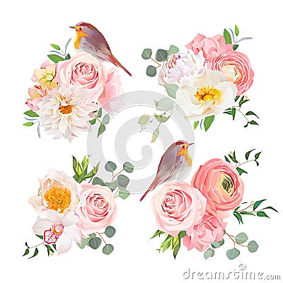 Spring colorful bouquets and cute robin birds vector design objects. Vector Illustration