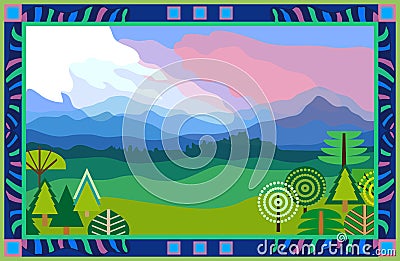 Spring colors. Silk scarf with framed landscape. Vector Illustration