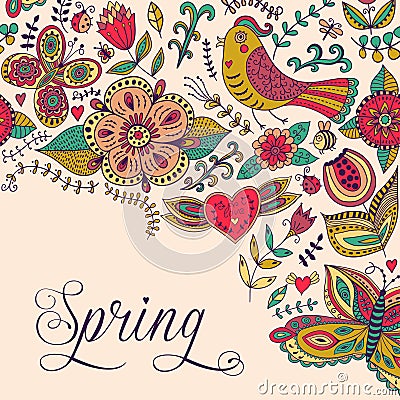 Spring coming card. Floral background, spring theme, greeting ca Vector Illustration