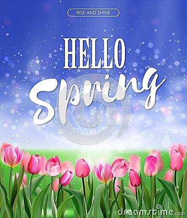 Spring is coming lettering on glade of pink tulips background. Spring bright nature illustration. Vector EPS10. Vector Illustration