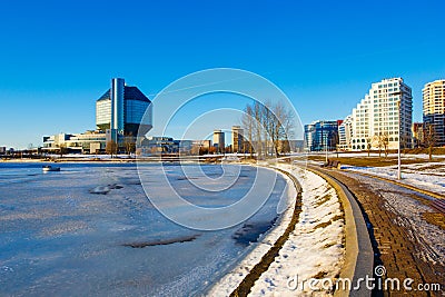 Spring coming to city of Minsk. National library Editorial Stock Photo