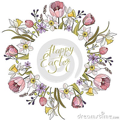 Spring composition with circle and floral romantic elements. Tulips and daffodils on white background Vector Illustration