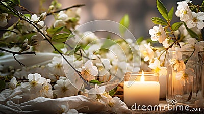 Spring composition with flowering branches and a burning candle. Floral concept Stock Photo