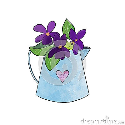Spring composition of violet flowers, frog and bucket. Cartoon Illustration