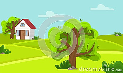 Spring countryside landscape. Sunny day. Summer fields Vector Illustration