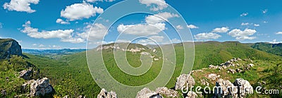 Spring Crimea Mountain country panorama with valley and Sokolinoje Village, Ukraine. Great Crimean Canyon environs Stock Photo