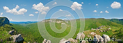 Spring Crimea Mountain country panorama with valley and Sokolyne Village (Ukraine). Great Crimean Canyon environs Stock Photo