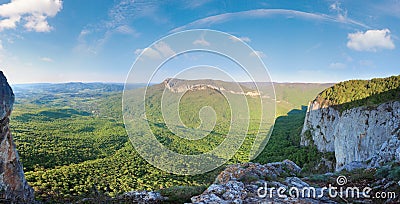 Spring Crimea Mountain rocky view with valley and Sokolinoje Village (Ukraine). Great Crimean Canyon environs Stock Photo