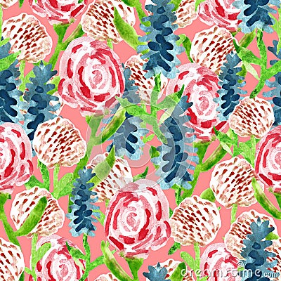 Spring cute hand-drawn seamless pattern with wildflowers rose, clover, lupine Stock Photo