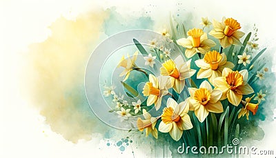 Spring Daffodil Bouquet Watercolor Illustration, Floral Art Concept Cartoon Illustration