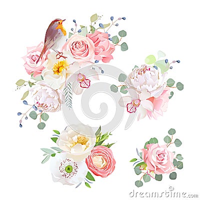 Spring delicate bouquets and cute robin bird vector design objects Vector Illustration