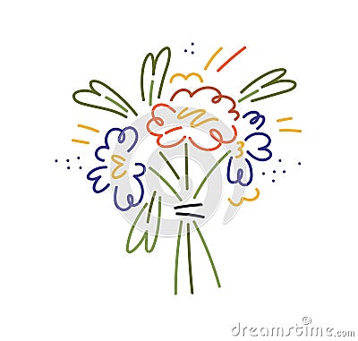 Spring delicate flowers bunch. Floral bouquet, blooming wildflowers. Blossomed summer posy, plants with petals, leaf Vector Illustration