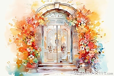 Spring door with blooming flowers, Watercolor - Generative Ai Stock Photo