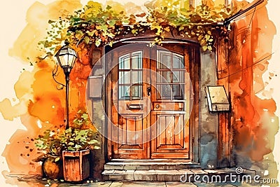 Spring door in a quaint village, Watercolor Stock Photo