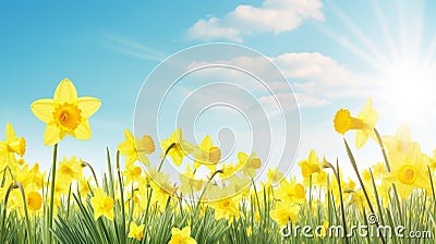 Spring Easter background with beautiful yellow daffodils blue sky and sunlight background Stock Photo