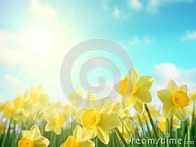 Spring Easter background with beautiful yellow daffodils blue sky and sunlight background Stock Photo