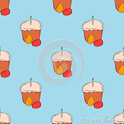 Spring Easter cake with eggs and a candle.Drawing with your hand using a line. On a blue background. For the spring holiday, Vector Illustration