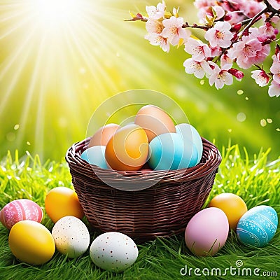 Spring easter Colorful eggs in a basket in spring sunny blooming cherry Beautiful natural easter banner with copy Cartoon Illustration