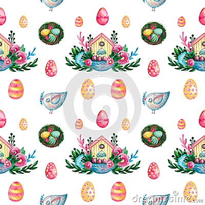 Spring Easter composition house basket branches flowers eggs on white isolated background Festive symbolic elements seamless Stock Photo