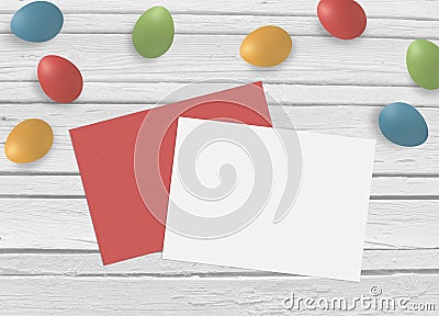 Spring, easter mock up scene with colorful eggs, envelope, blank paper and old white wooden background, top view Stock Photo