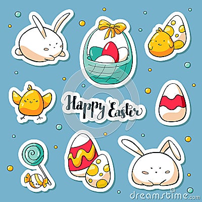 Spring Easter stickers set in doole style. Vector habd drawn Illustration. Collection of happy easter symbols: rabbit Vector Illustration