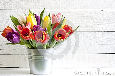 Spring easter tulips in bucket Stock Photo