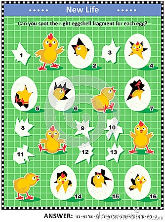 Spring or Easter visual logic puzzle with newborn chicks, eggs and eggshell fragments Vector Illustration