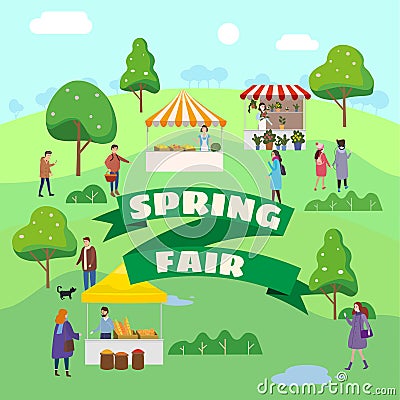 Spring Fair festival. Food street fair, market family festival. People walking eating street food, shopping, have fun Vector Illustration