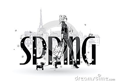Spring. Fashion girls in sketch-style in Paris. Vector Illustration