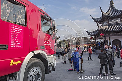During the Spring Festival in China, a standby in Confucius temple square fire engines Editorial Stock Photo