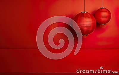 Spring Festival Poster. Minimalistic modern banner template with hanging lanterns. Chinese New Year decorations Stock Photo