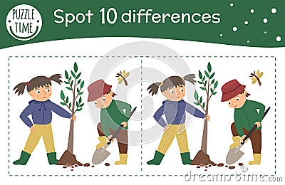 Spring find differences game for children. Garden preschool activity with girl and boy planting tree. Puzzle with cute funny Vector Illustration