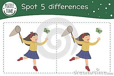 Spring find differences game for children. Garden preschool activity with girl with a net catching butterfly. Puzzle with cute Vector Illustration