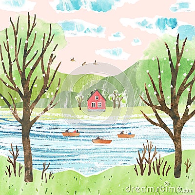 Spring fishing. Watercolor cute vector landscape with fishermen on boats, trees, house and mountains. Fishing in the river. Vector Illustration