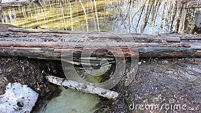 Spring flood - a bridge made of logs across a small river, which overflowed from melting snow Stock Photo