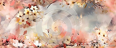 Spring floral banner, Hazy white smoke, pale pink and pale yellow wildflowers, watercolor retro style, layered Stock Photo