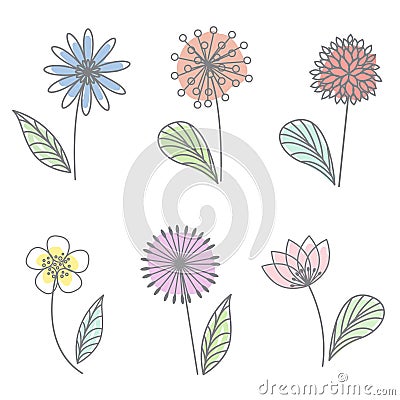 Spring Floral flower pastel line draw art vector set design Stock Photo