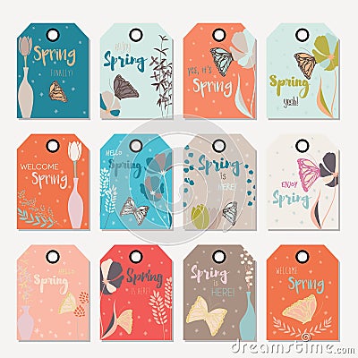 Spring floral gift tag design, with hand drawn flowers, floral elements, vases and monarch butterflies Vector Illustration