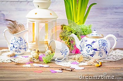Spring floral still life with blue teapot Stock Photo