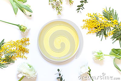 Spring floral table settings with spring flowers. Top view empty plate. Stock Photo