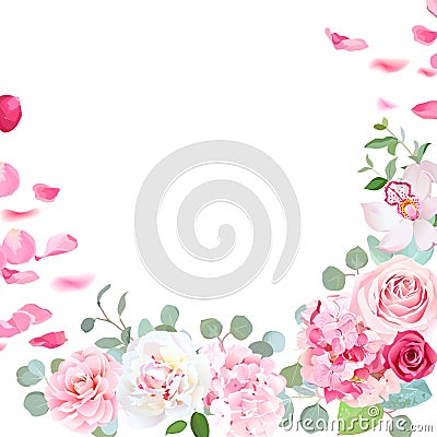 Spring floral vector round frame with peony, rose, orchid, hydra Vector Illustration