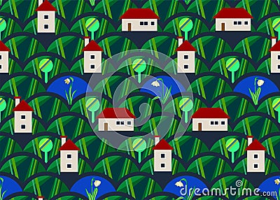 Town seamless pattern with colour houses and graphic trees. design for banner, flyer, invitation, poster, web site or greeting car Vector Illustration
