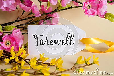 Spring Flower Decoration, Label With English Text Farewell Stock Photo